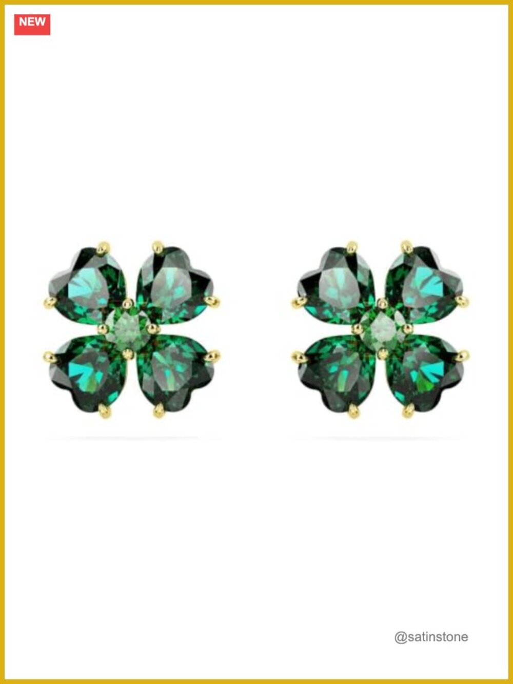 Gold Tone Clover Crystal Stud Earrings Nature Inspired Elegant